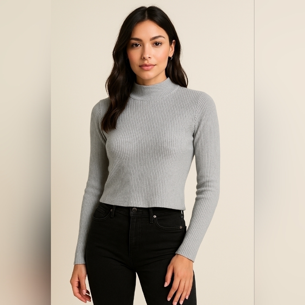 Chic Light Grey Rib-Knit Funnel Neck Slim Fit Sweater